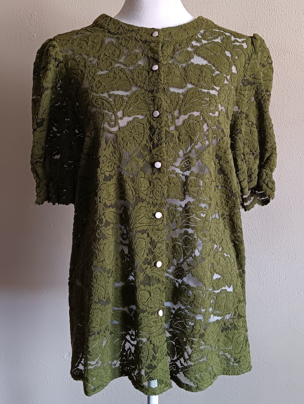 Fairycore Button Up Blouse, Green Leafy Lace Large Short Sleeve Mossy Forest Top